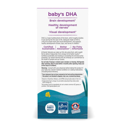 Nordic Naturals Baby's DHA omega-3 fish oil with measured dropper accessory for accurate infant dosing.