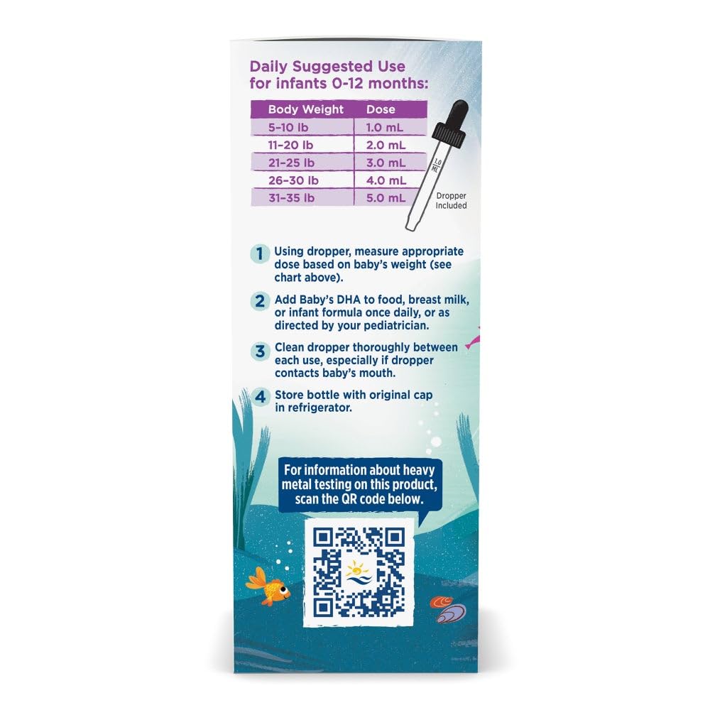 Side label view of Nordic Naturals Baby's DHA showing supplement facts and vitamin D3 nutritional values.