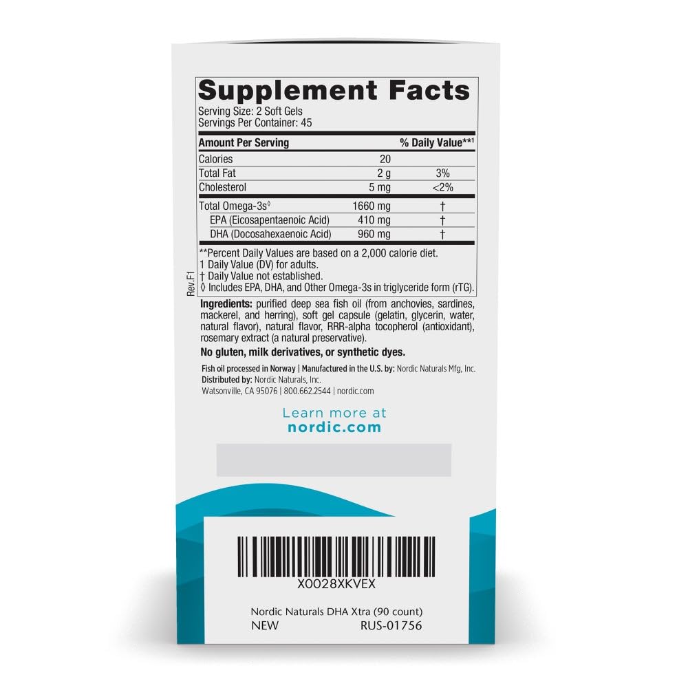 Nordic Naturals DHA Xtra strawberry flavor bottle back supplement facts label