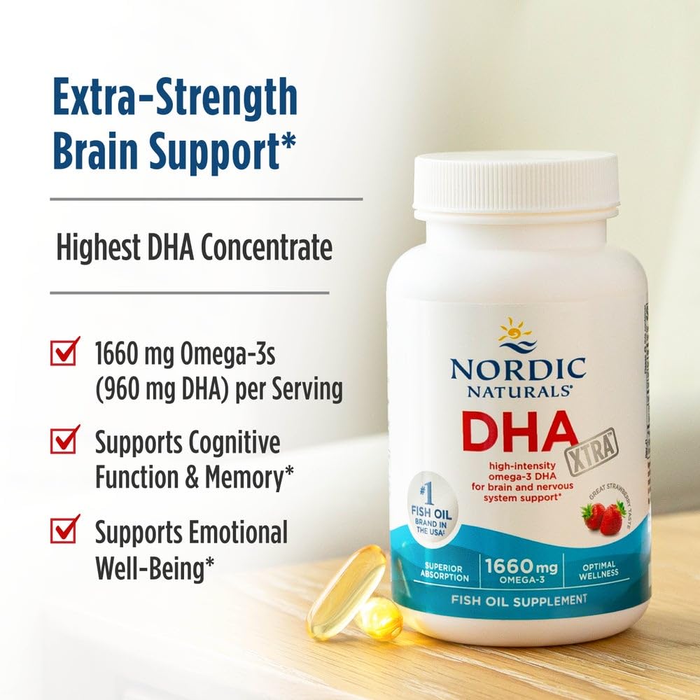 Nordic Naturals DHA Xtra high potency fish oil 90 softgels bottle top perspective