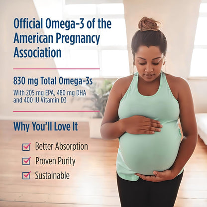 Nordic Naturals Prenatal DHA bottle beside golden triglyceride fish oil softgels
