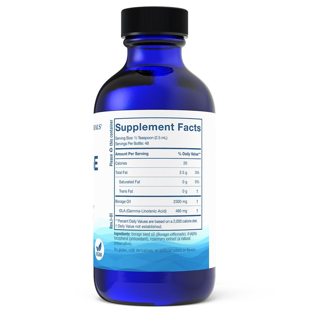 Nordic Naturals borage seed oil packaging highlighting vegan non-GMO and 480 mg GLA nutritional facts.