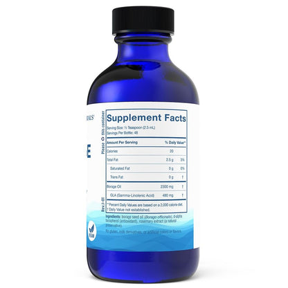 Nordic Naturals borage seed oil packaging highlighting vegan non-GMO and 480 mg GLA nutritional facts.