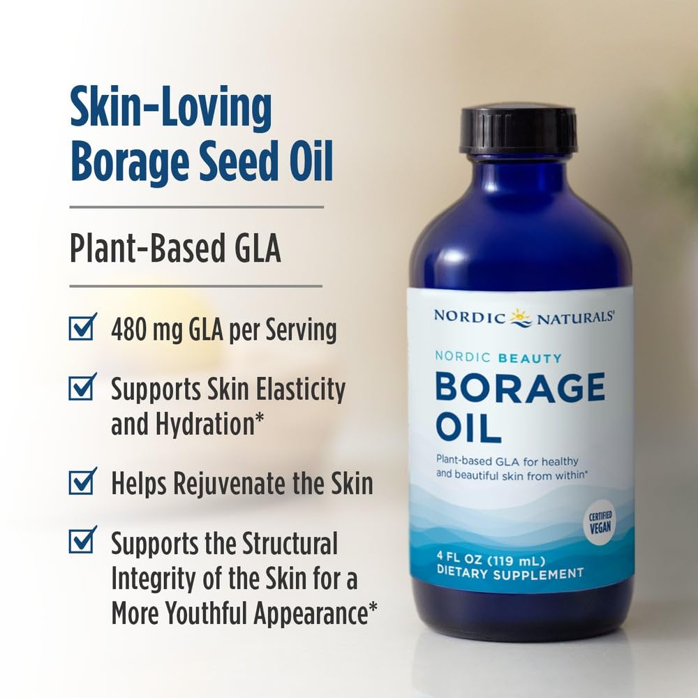 Side profile of Nordic Naturals skin and joint support liquid supplement bottle.