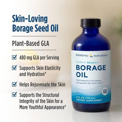 Side profile of Nordic Naturals skin and joint support liquid supplement bottle.