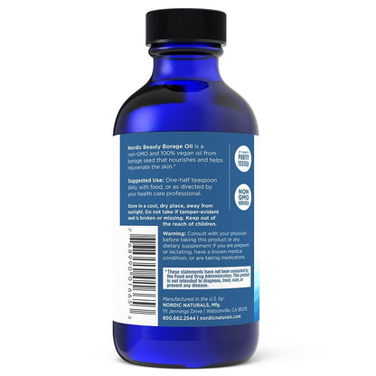 Back label of Nordic Beauty borage oil showing ingredients list and daily dosage instructions.