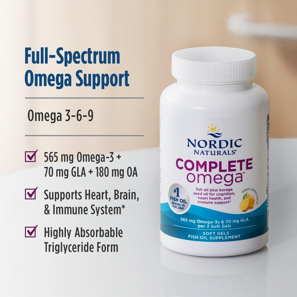 Nordic Naturals Complete Omega bottle side angle highlighting omega 3 6 and 9 ingredients