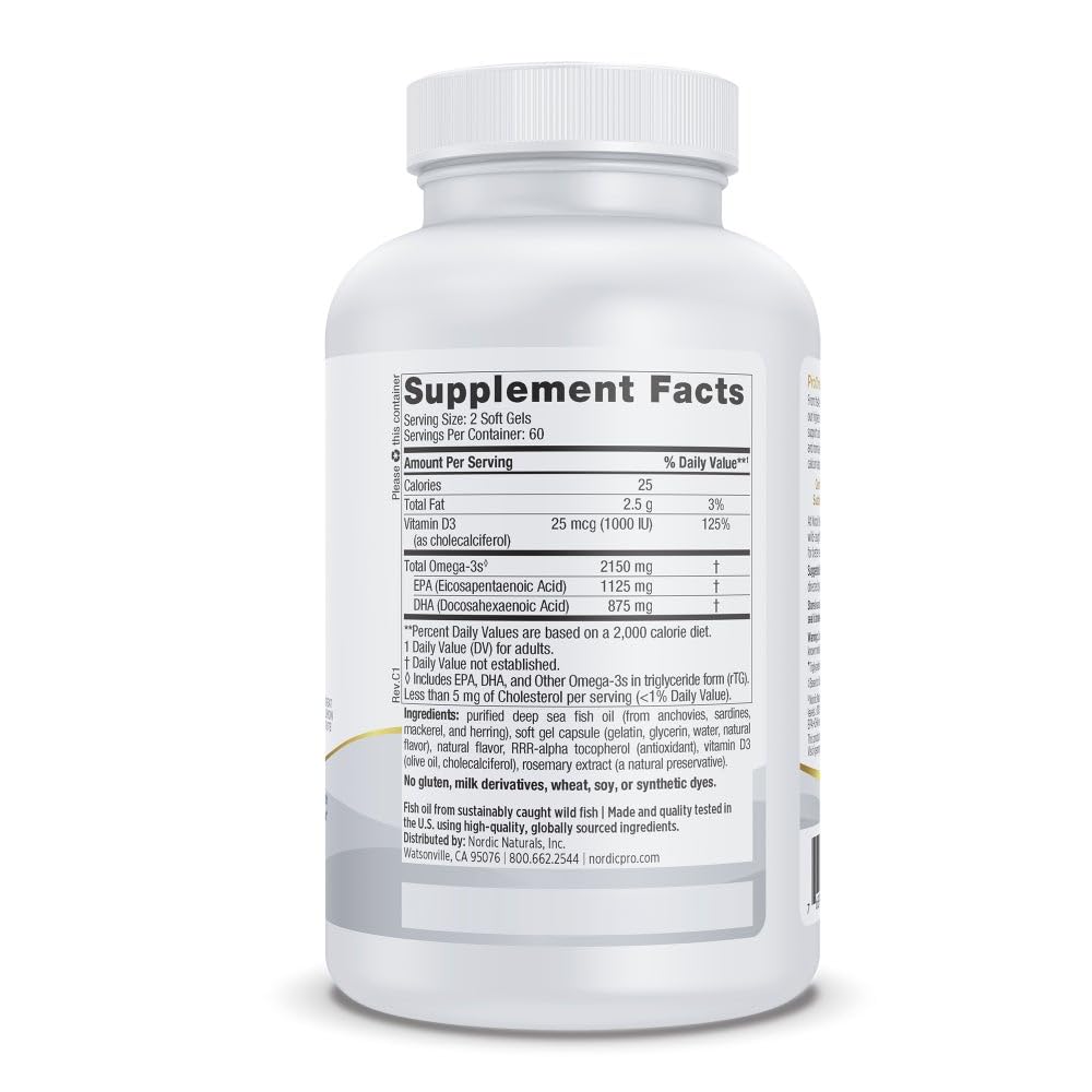 Side view of Nordic Naturals ProOmega 2000-D bottle detailing the pure triglyceride fish oil ingredients