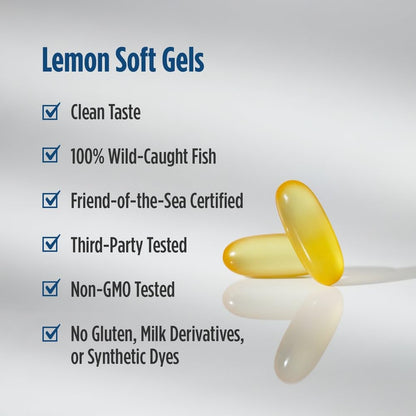 Lemon flavored Nordic Naturals ProOmega fish oil softgels arranged next to the authentic imported packaging
