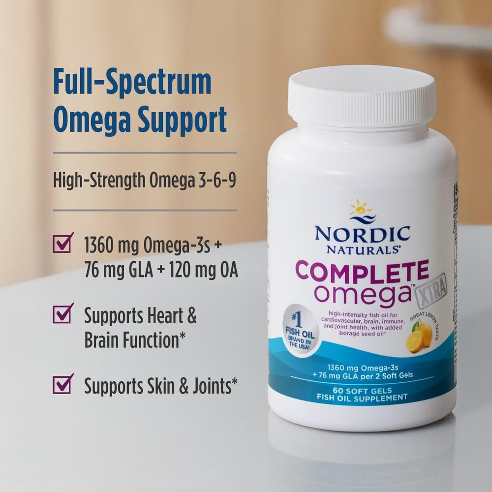 Nordic Naturals Complete Omega Xtra lemon flavor softgels displayed next to the product packaging