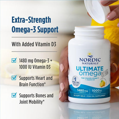 Nordic Naturals Ultimate Omega Xtra lemon flavor packaging highlighting the pure triglyceride form benefit.