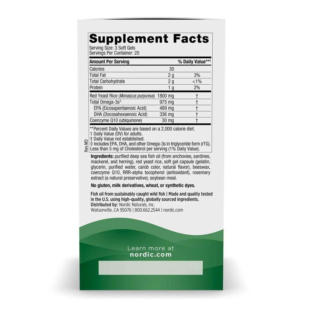 Side view of Nordic Naturals Cholesterol Support detailing the red yeast rice and CoQ10 formula.