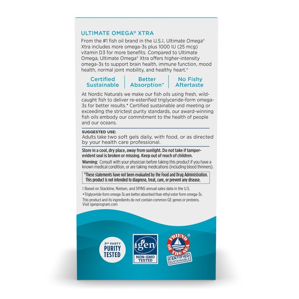 Nordic Naturals Ultimate Omega Xtra packaging box and bottle layout
