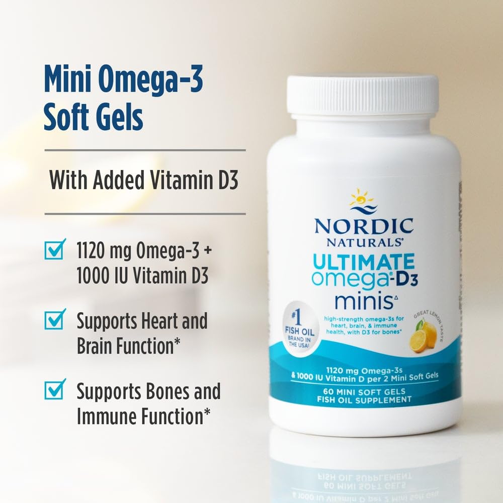 Nordic Naturals Ultimate Omega Mini D3 side bottle view highlighting EPA and DHA content