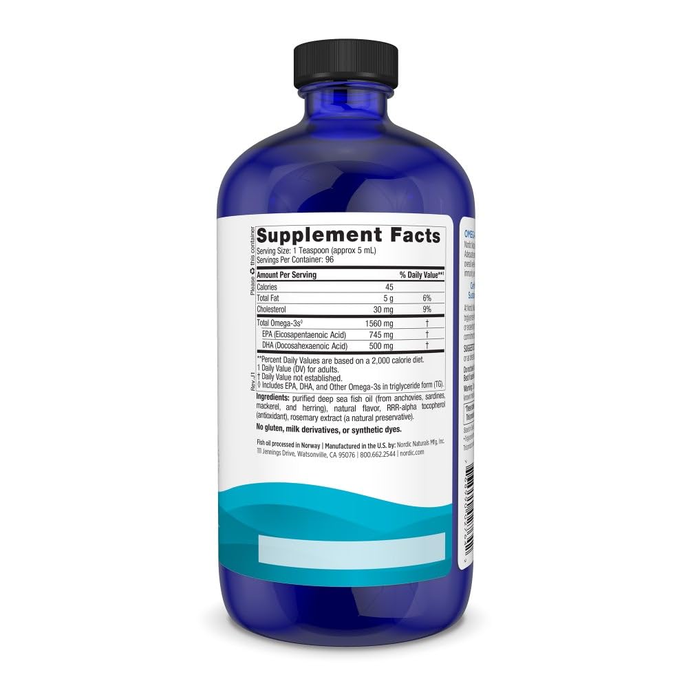 Side view of Nordic Naturals Lemon Flavor fish oil syrup bottle highlighting ingredients and nutrition facts