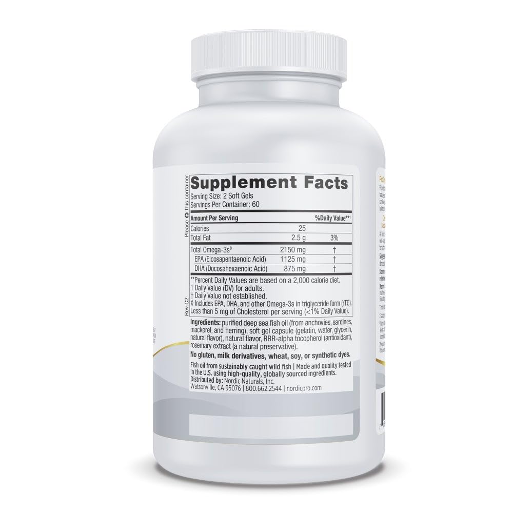 Side angle of Nordic Naturals ProOmega 2000 bottle displaying the 2150 milligrams omega-three supplement facts.