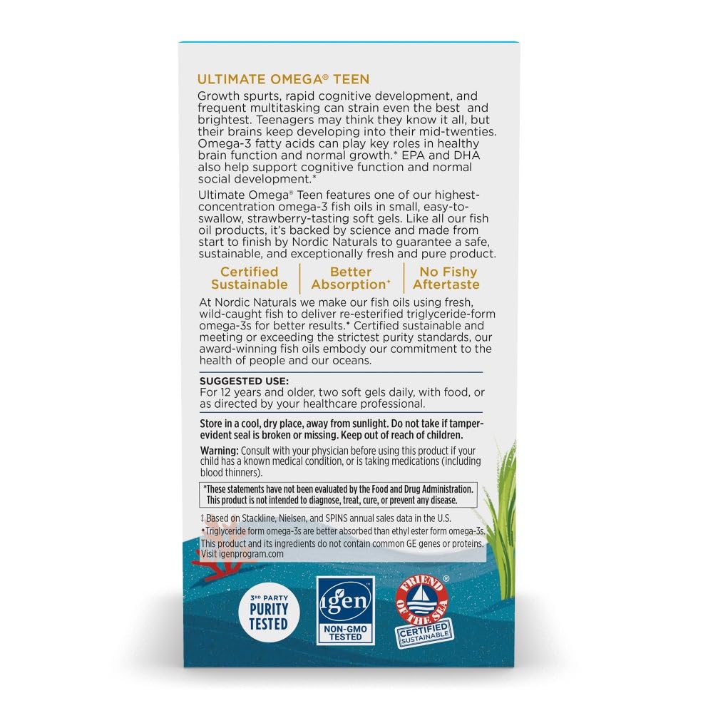 Adolescent wellness concept showing Nordic Naturals Ultimate Omega 2X Teen bottle