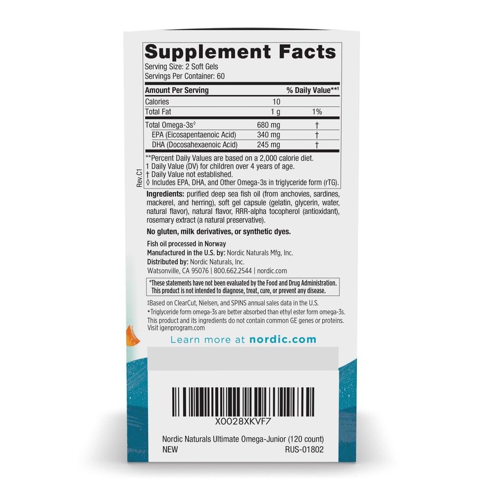 Nordic Naturals Ultimate Omega Junior fish oil packaging side view displaying nutritional supplement facts