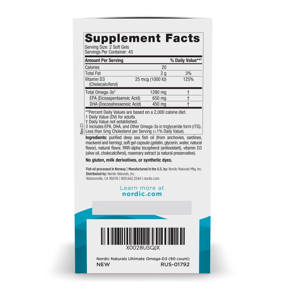Side angle of Nordic Naturals Ultimate Omega D3 dietary supplement packaging detailing ingredient panels.