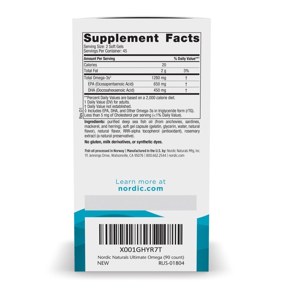 Nordic Naturals Ultimate Omega 1280 milligrams nutrition facts label on the back of the bottle