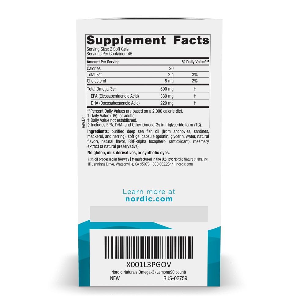 Nordic Naturals Omega 3 690 Milligrams supplement facts label displaying EPA and DHA nutritional information.