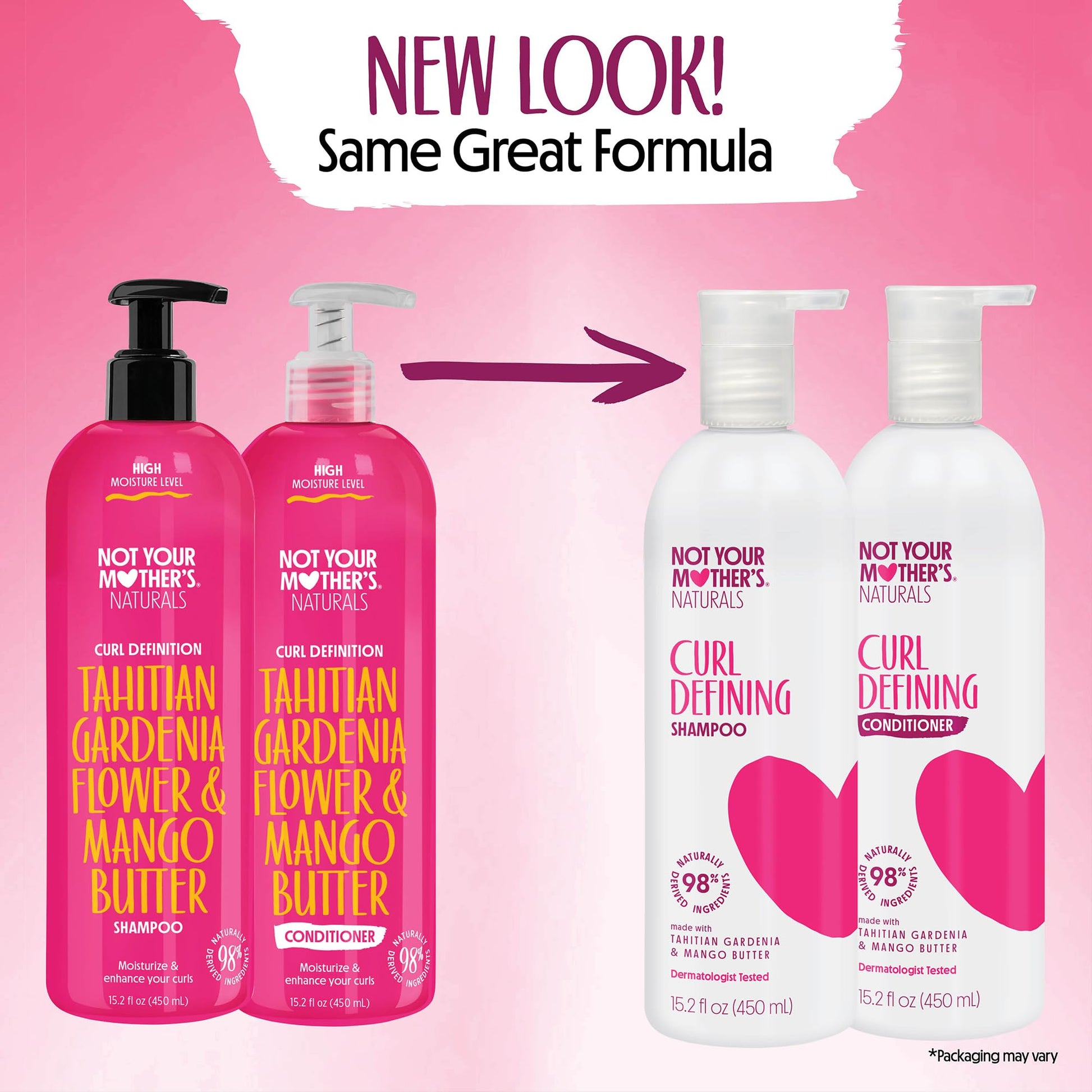 Not Your Mother's Tahitian Gardenia and Mango Butter shampoo and conditioner bottles showing clean ingredients list