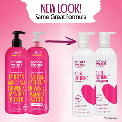 Not Your Mother's Tahitian Gardenia and Mango Butter shampoo and conditioner bottles showing clean ingredients list