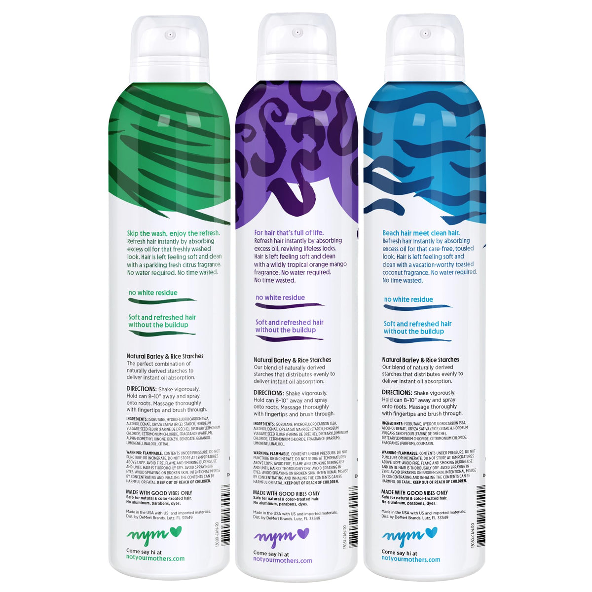 Not Your Mother's waterless aerosol hair spray trio demonstrating nozzle design for root application