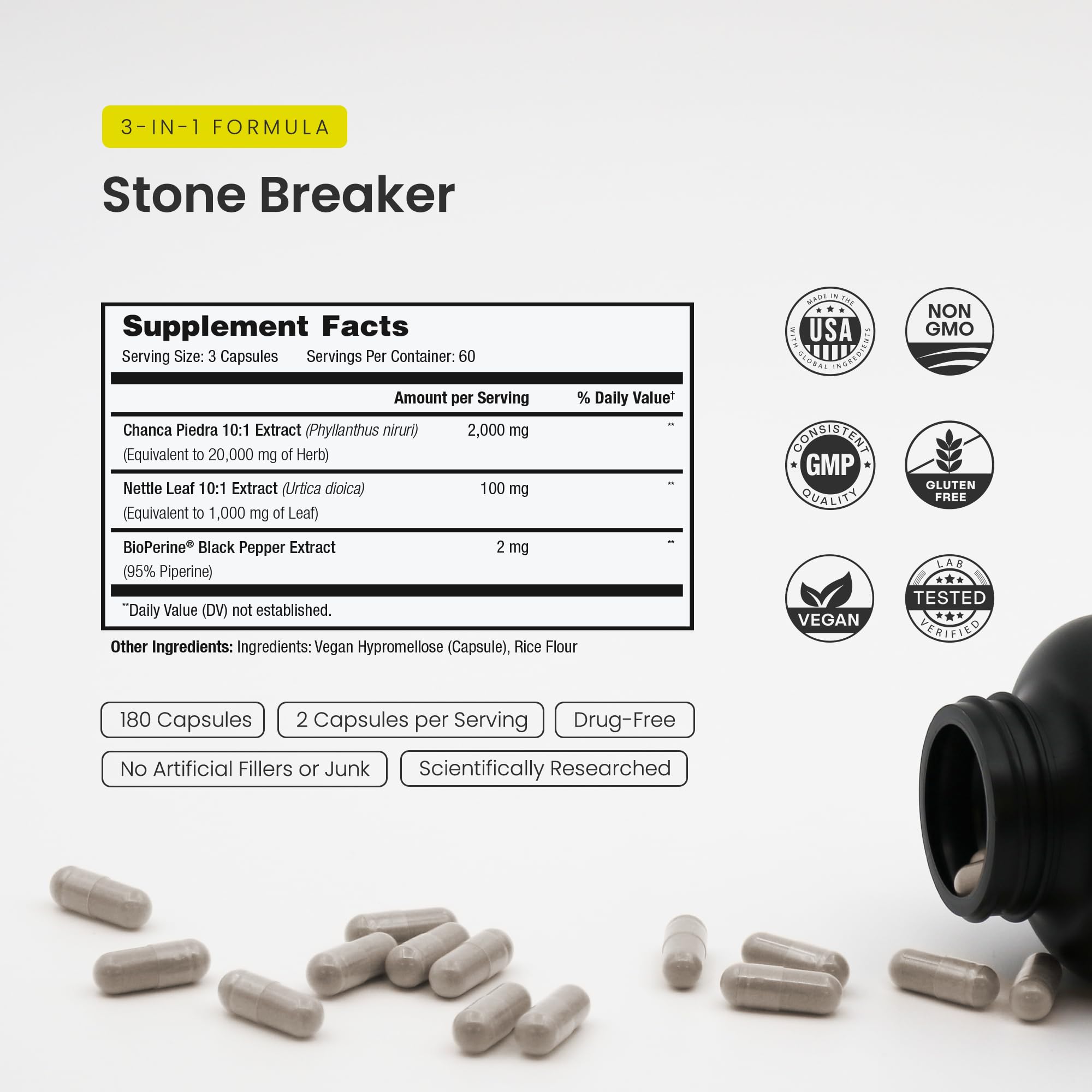 NutraChamps Chanca Piedra herbal supplement label showing 10 to 1 high potency extract facts.