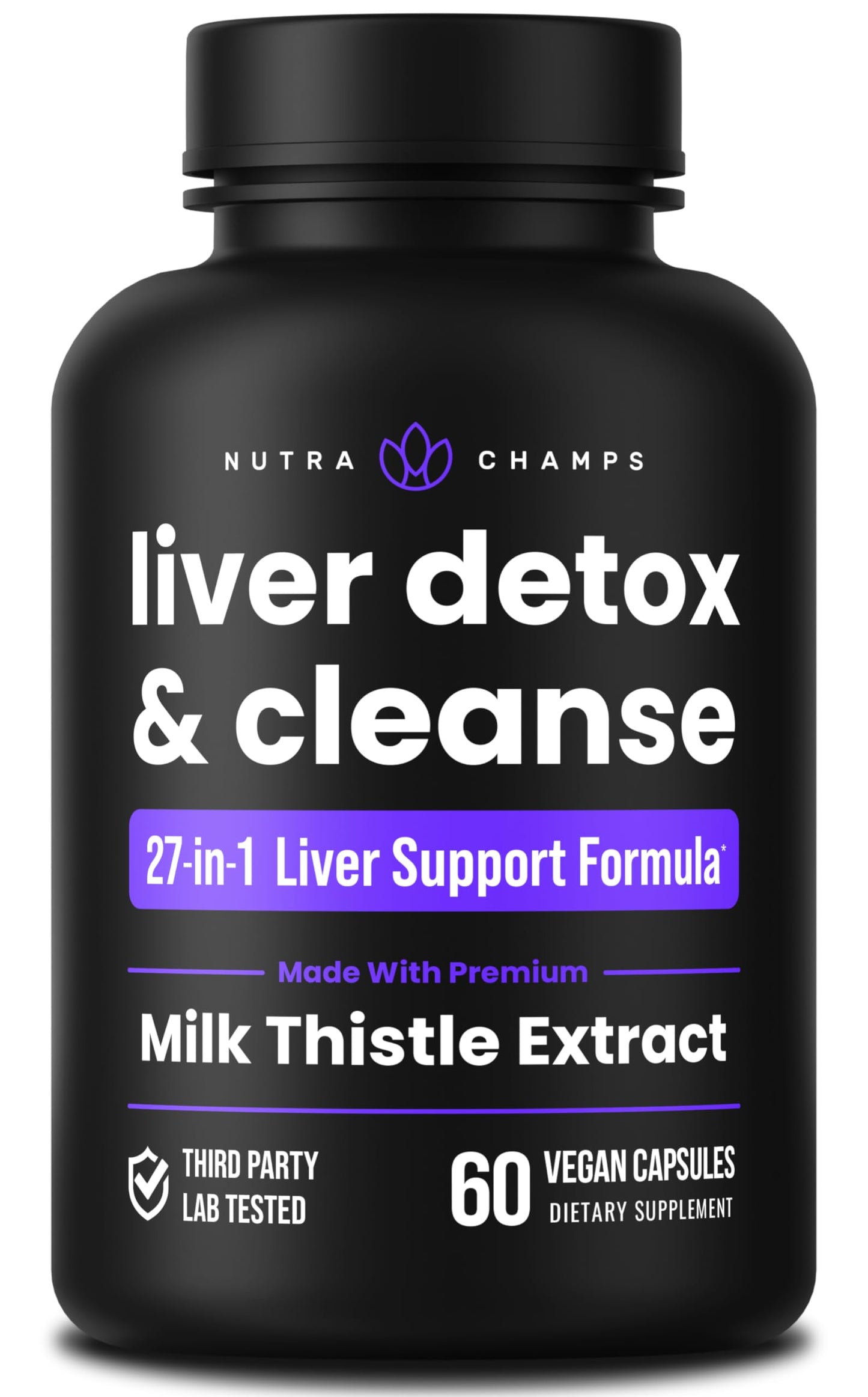 Side view of NutraChamps vegan detox pills displaying dosage directions and safety seals