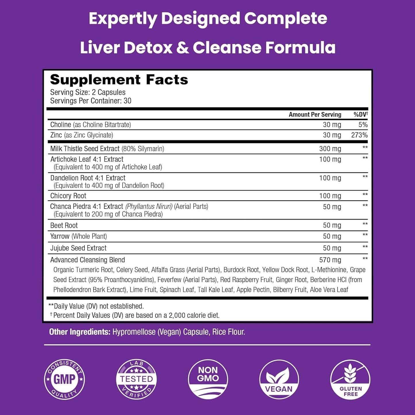 NutraChamps certified third-party tested liver care product showing vegan and non-GMO icons