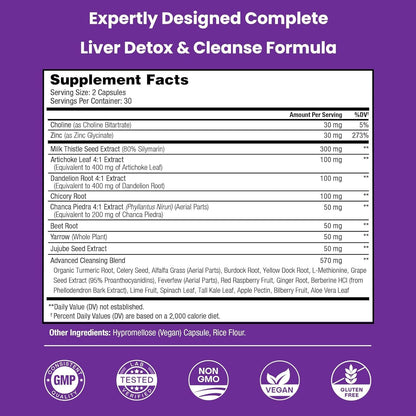 NutraChamps certified third-party tested liver care product showing vegan and non-GMO icons