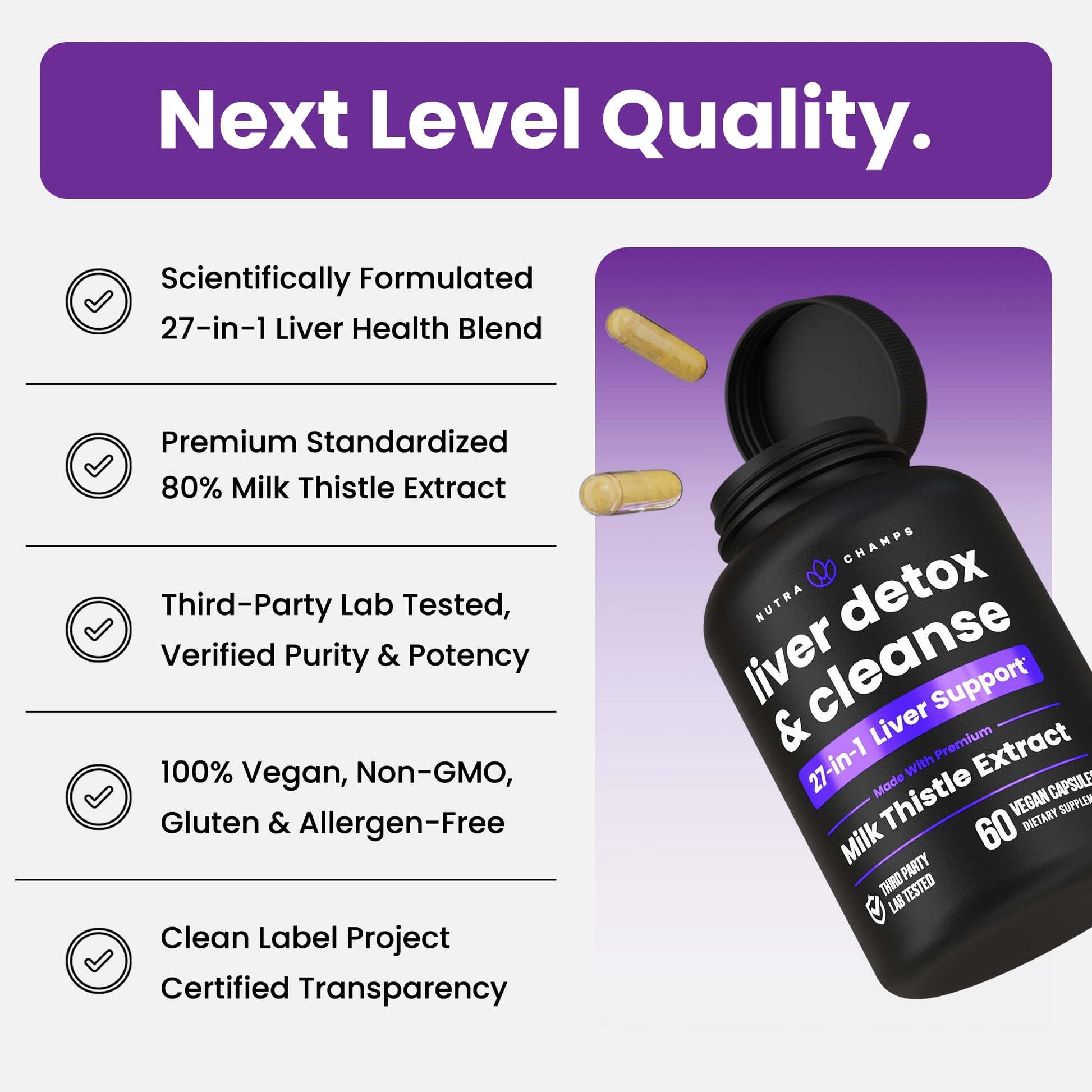 Close-up of clean vegetable cellulose capsules from NutraChamps Liver Cleanse bottle