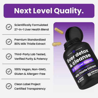 Close-up of clean vegetable cellulose capsules from NutraChamps Liver Cleanse bottle