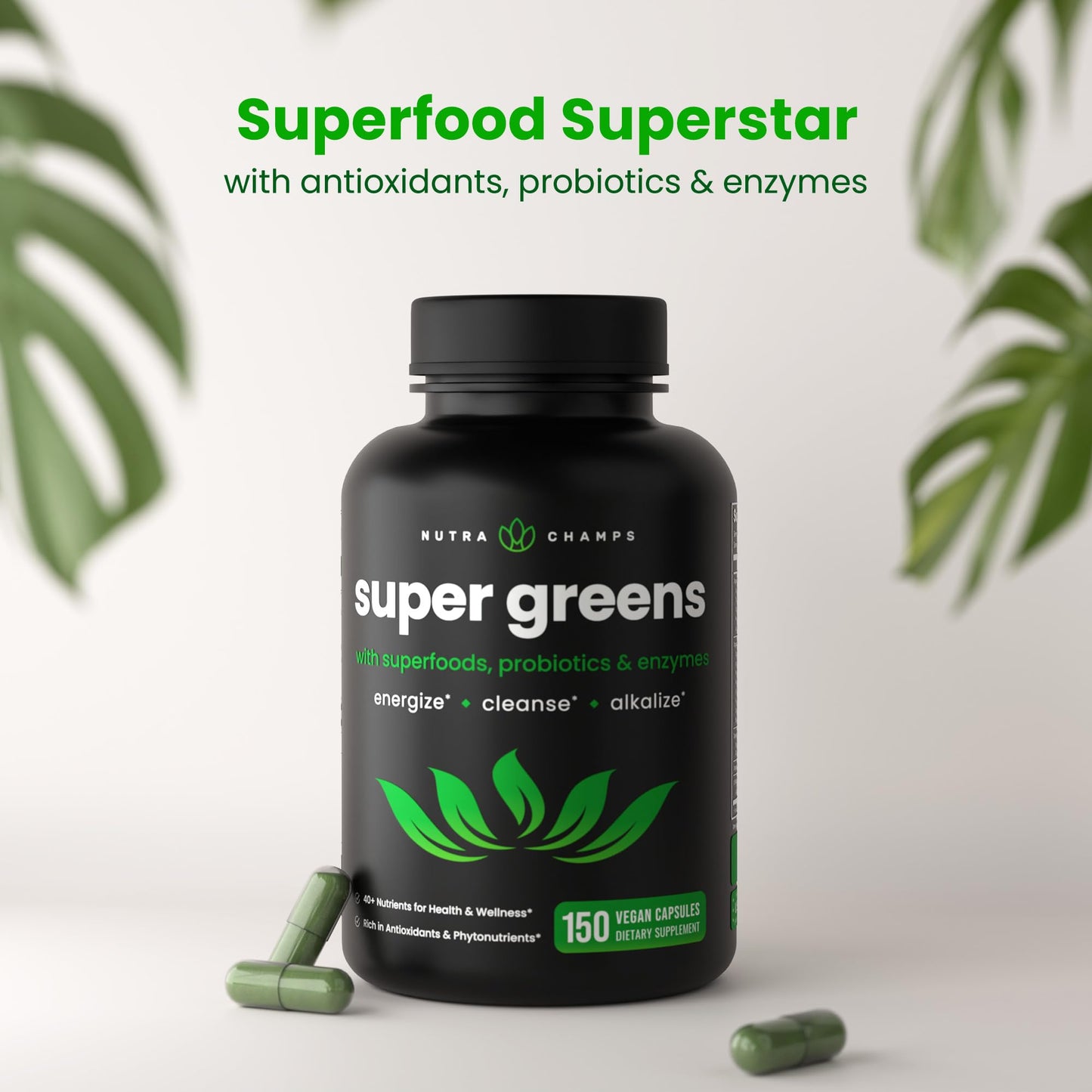 NutraChamps Super Greens supplement bottle highlighting the premium blend of forty plus organic fruits and vegetables.