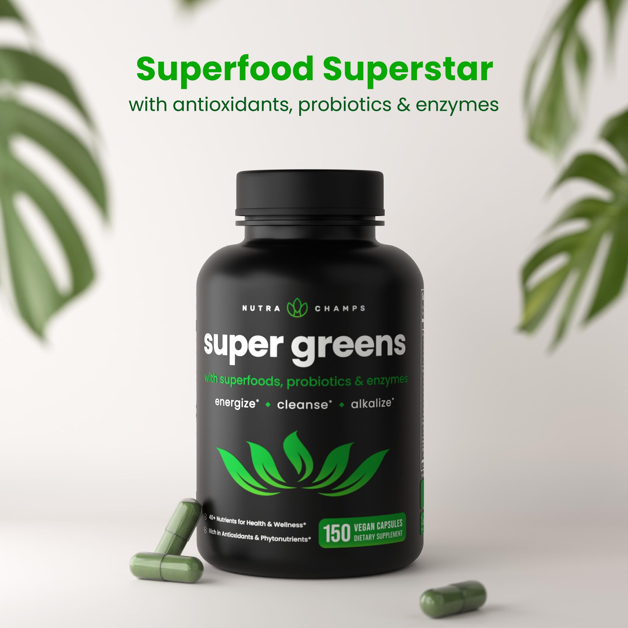 NutraChamps Super Greens supplement bottle highlighting the premium blend of forty plus organic fruits and vegetables.