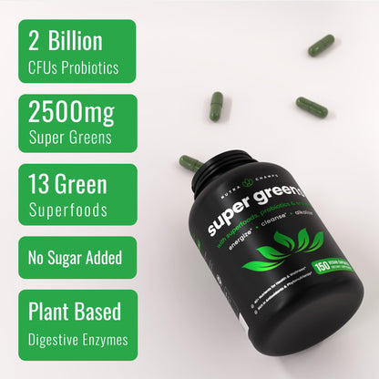 Side view of NutraChamps daily greens capsules bottle showing the clean ingredients list and manufacturing certifications.