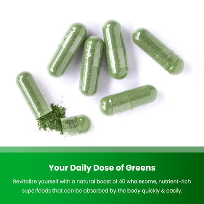 NutraChamps Organic Super Greens bottle displaying facts on the built-in digestive enzymes and probiotics stack.