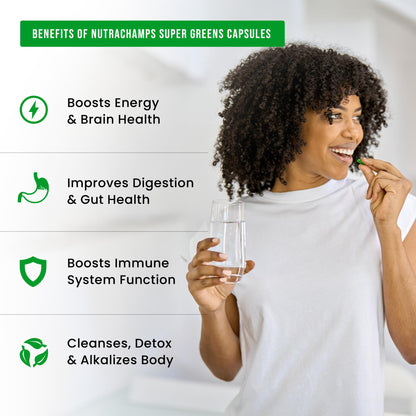 Close up of the black NutraChamps bottle detailing the recommended five capsules daily usage instructions for health.