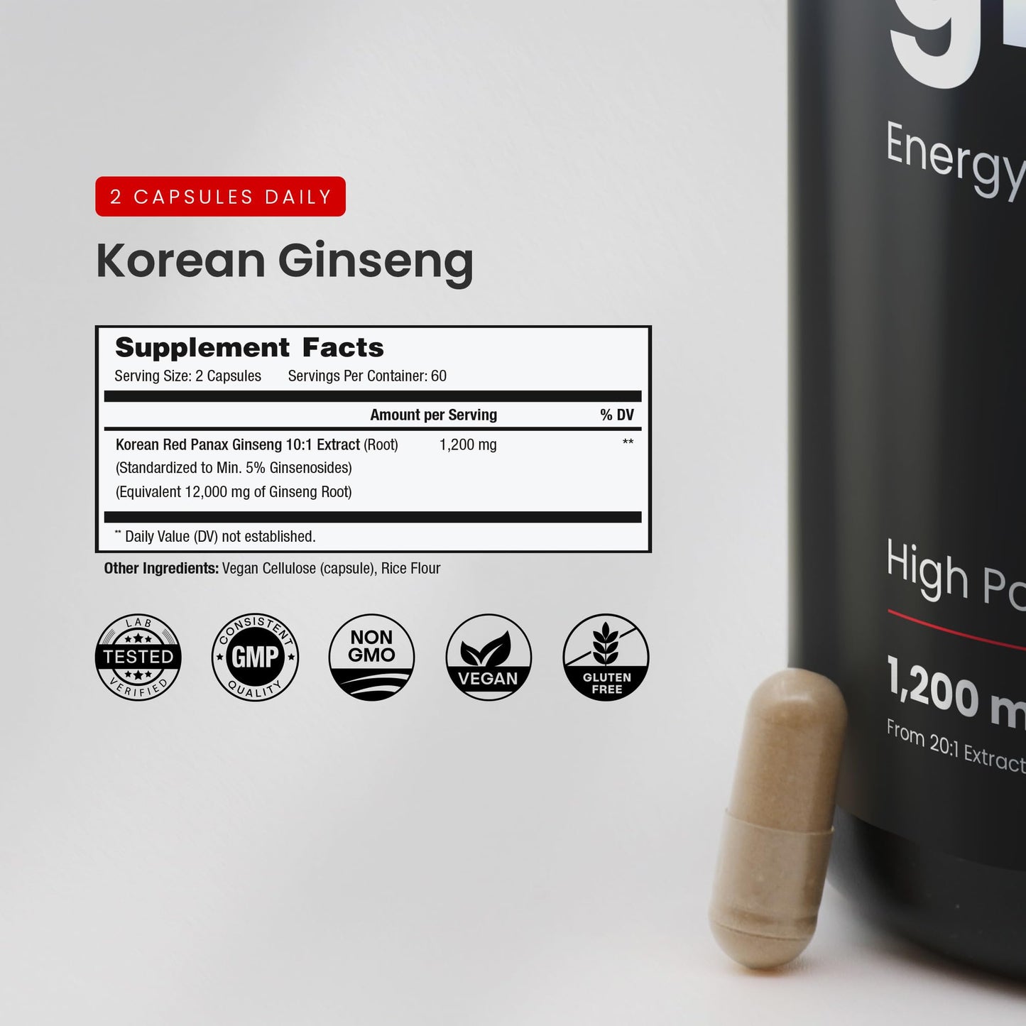 High potency Korean Red Ginseng root extract bottle for energy