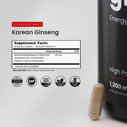 High potency Korean Red Ginseng root extract bottle for energy