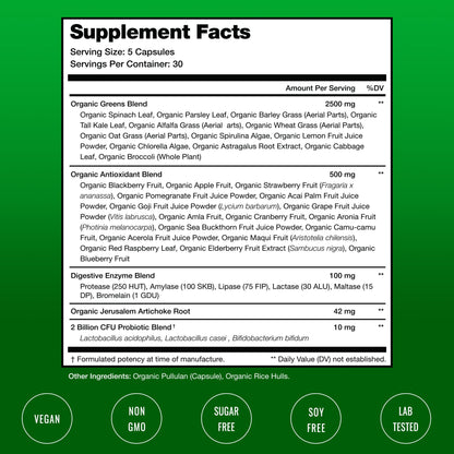 NutraChamps Organic Super Greens 150 vegan pills packaging demonstrating the alkalizing and antioxidant-rich formula.