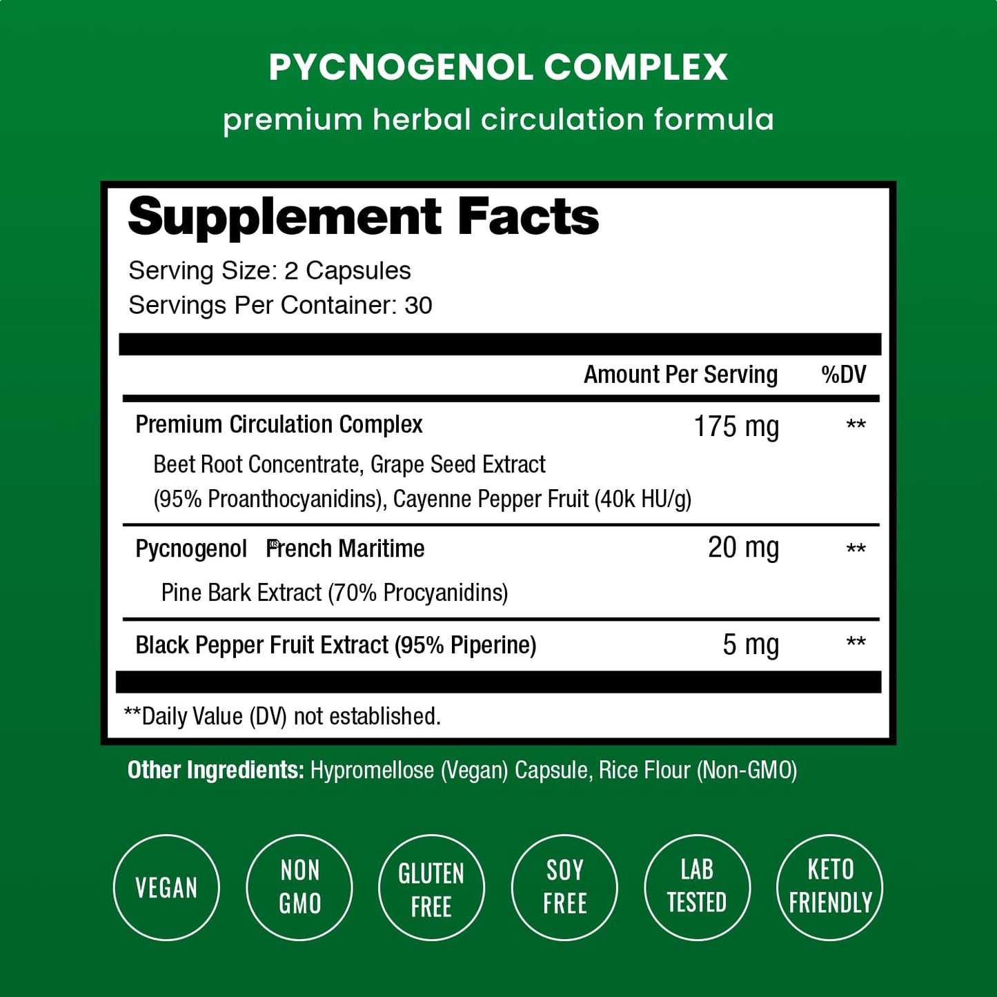 NutraChamps Pycnogenol supplement capsules showing circulation complex facts label