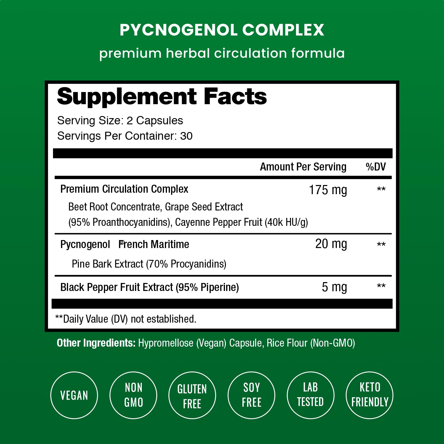 NutraChamps Pycnogenol supplement capsules showing circulation complex facts label