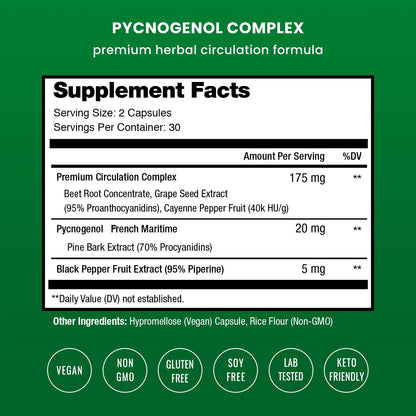NutraChamps Pycnogenol supplement capsules showing circulation complex facts label