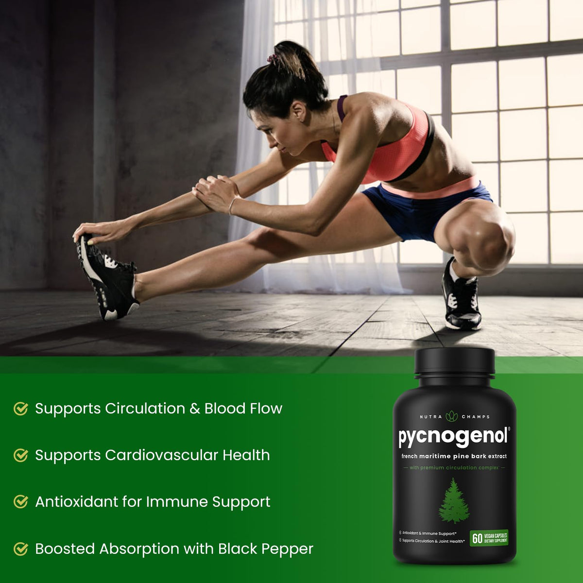 NutraChamps Pycnogenol French maritime pine bark extract packaging closeup