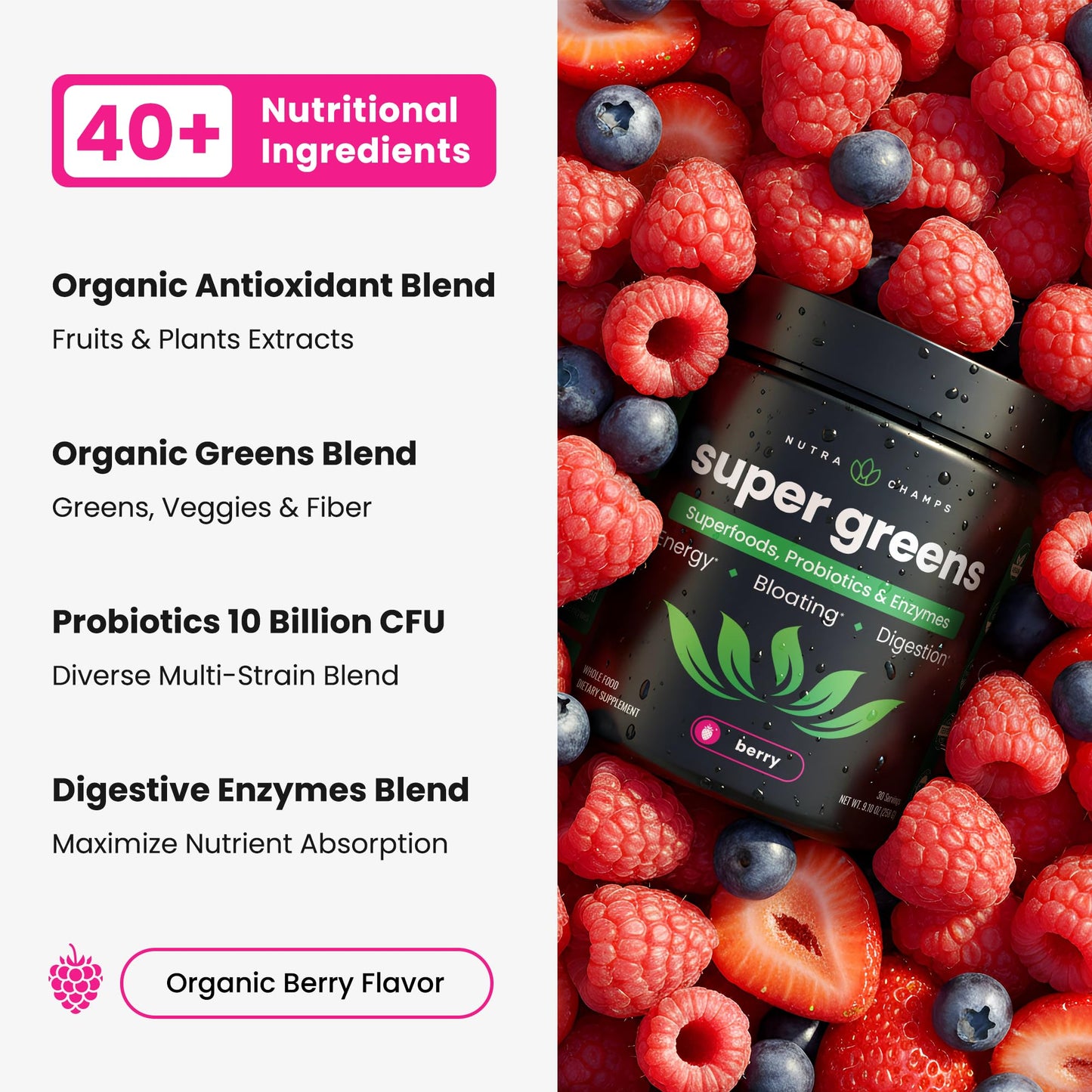 NutraChamps Super Greens powder texture and natural berry color