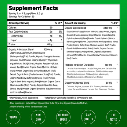 NutraChamps Super Greens organic supplement scoop and powder