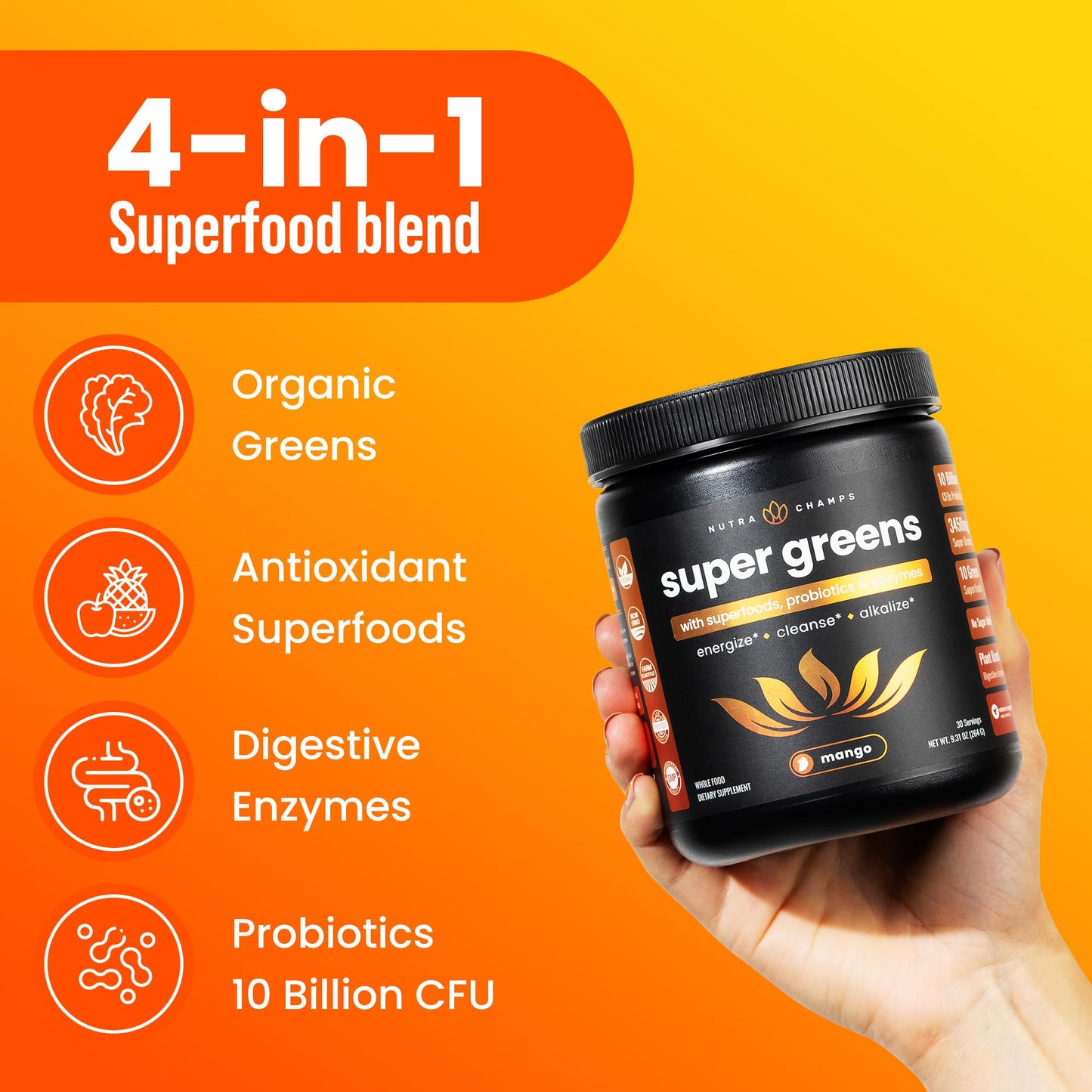 Scoop of NutraChamps Super Greens mango superfood powder