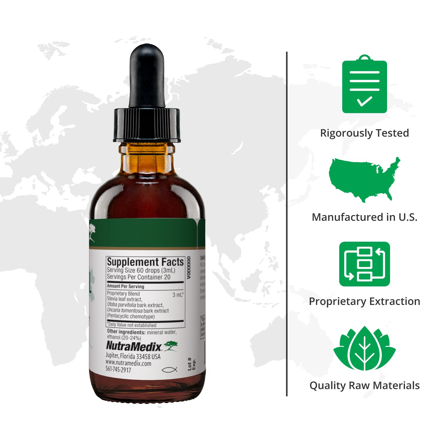 NutraMedix Nutra-BRL liquid herbal tincture bottle showcasing Samento Bark and Banderilla Bark ingredients list.